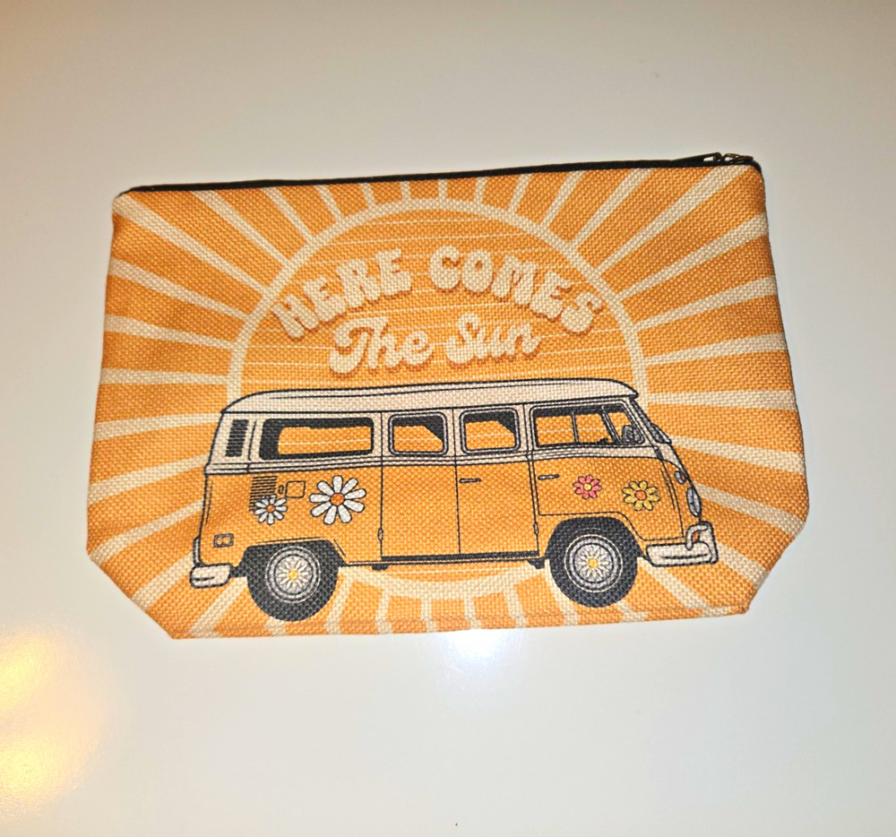 Here Comes The Sun Retro Camper Van Cosmetic Bag Orange Boho Makeup Pouch NWOT